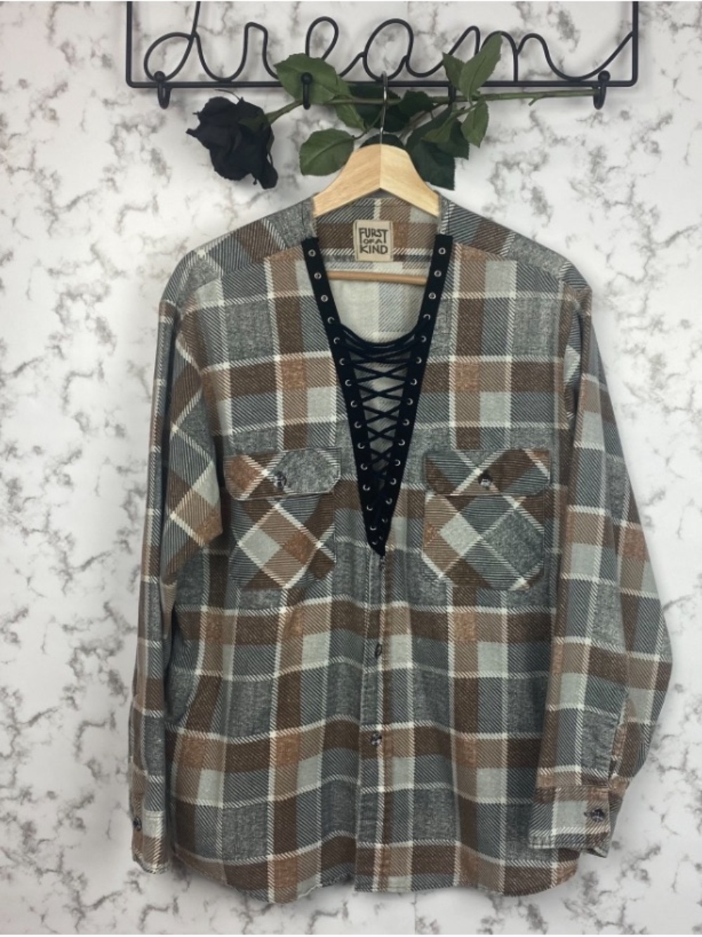 Furst of a Kind Plaid Lace-Up Shirt Jacket in Brown & Gray Tones